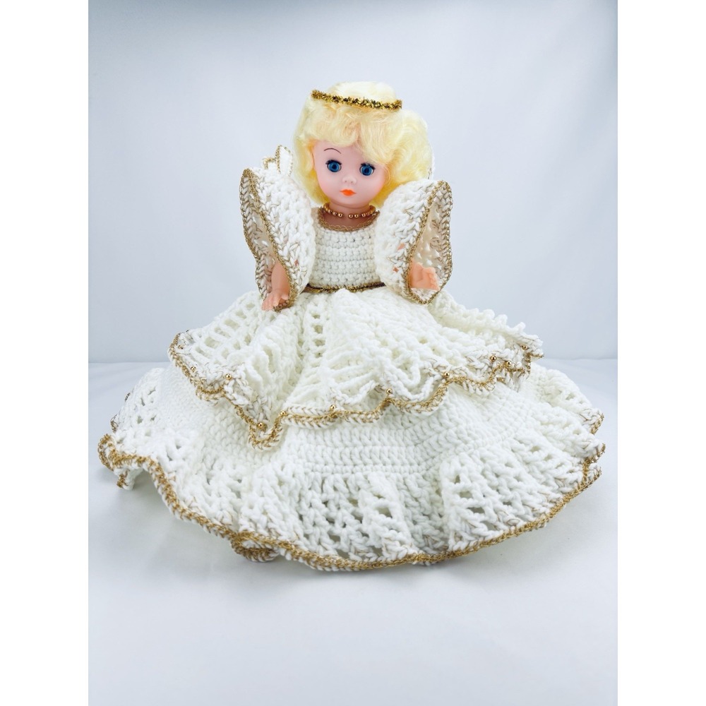 Vintage Crocheted Angel Bed Doll White Gold Retro Handmade Pillow Doll MCM